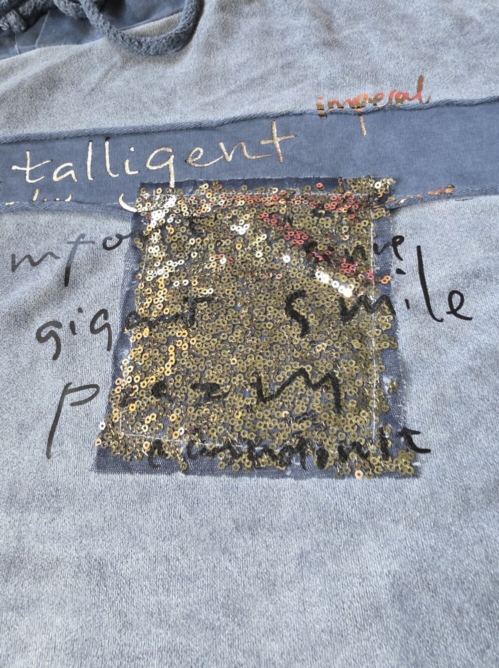 Made In Italy Sequin Pullover Suede Like Fabric Lightweight Hoodie in Dusty Blue - Picture 7 of 12